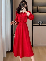 2024 Red Long Sleeve Polo Collar Long Dress Gown Women Elegant Luxury Party Vestidos Autumn Winter Korean Vintage Evening Dress