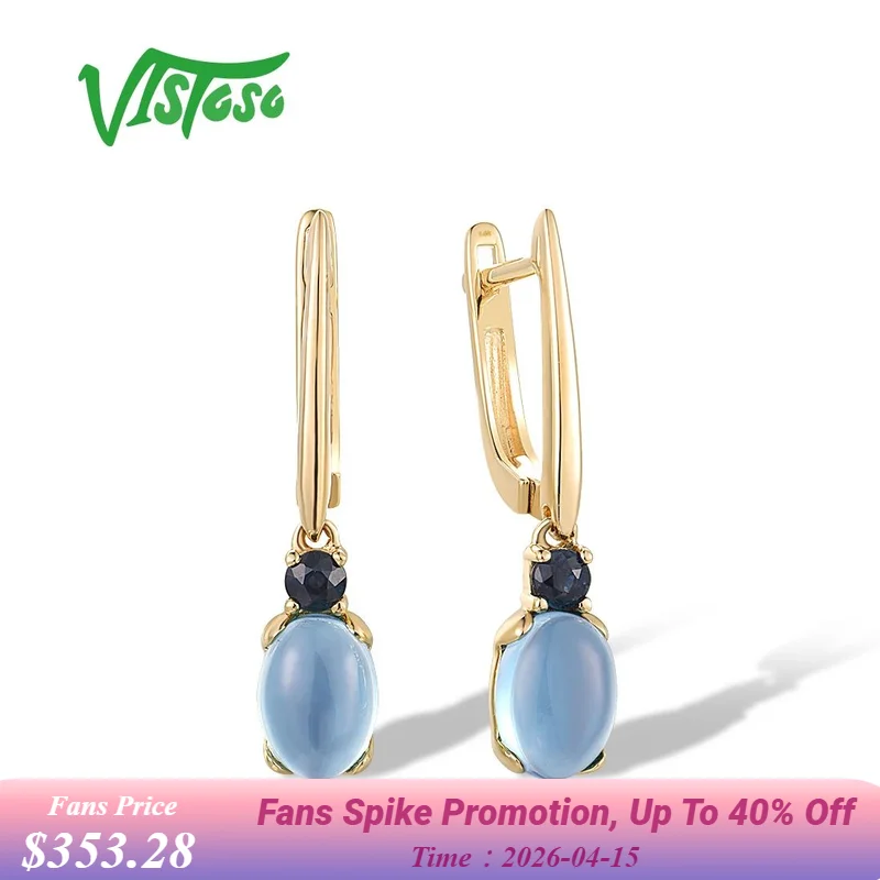 

VISTOSO Pure 14K 585 Yellow Gold Dangling Earrings For Women Blue Sapphire Topaz Trendy Party Elegant Fine Jewelry