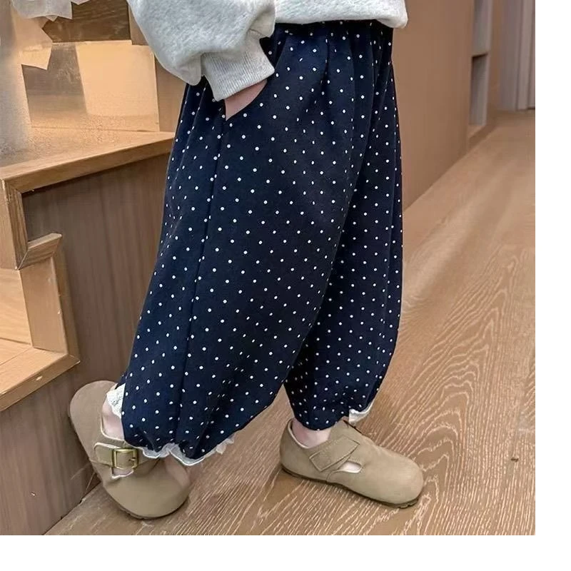 

2026 New Summer Hot Selling Children's Polka Dot Pattern Cotton Patchwork Lace Leg Pants