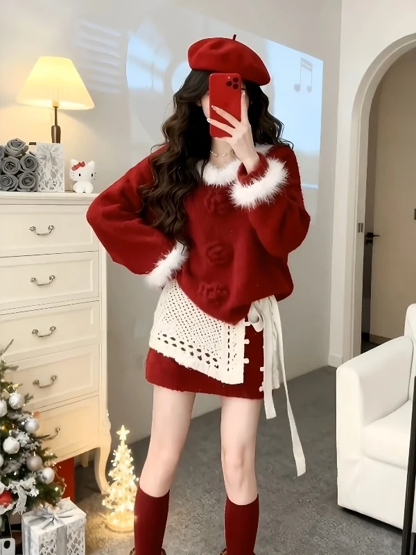

Красный вязаный комплект: топ с воротником из искусственного меха и юбка с высокой талией. Женский осенне-зимний модный повседневный теплый комплект.