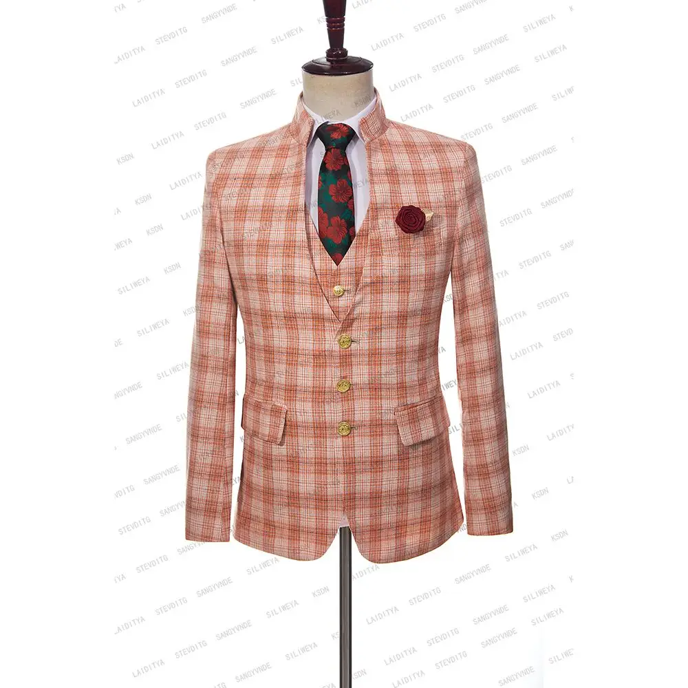 2023 New High-end Brand Men's Set Business Casual Orange Classic Plaid Linen Men Suit Wedding Party 3 Piece （Jacket+Pants+Vest）