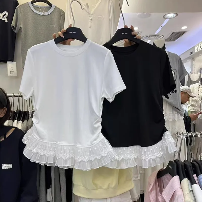 

Модная женская футболка в корейском стиле с кружевной отделкой, приталенная, с коротким рукавом, антивозрастная, весна 2025, для повседневной носки