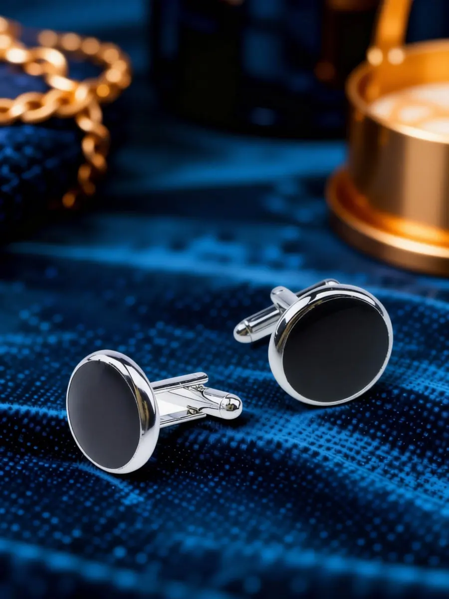 8Pcs Mens Cufflinks and Studs Set Black Silver Round Polished Surface Back Closure Classic Business Wedding Tuxedo Shirt