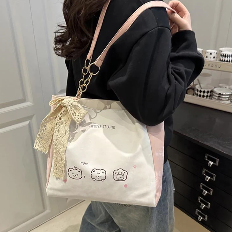 

Girl Cute Bear Printed Shoulder Bag Large Capacity Underarm Bag All-match Commuter Bag Women College Style Fashion Handbag Gift