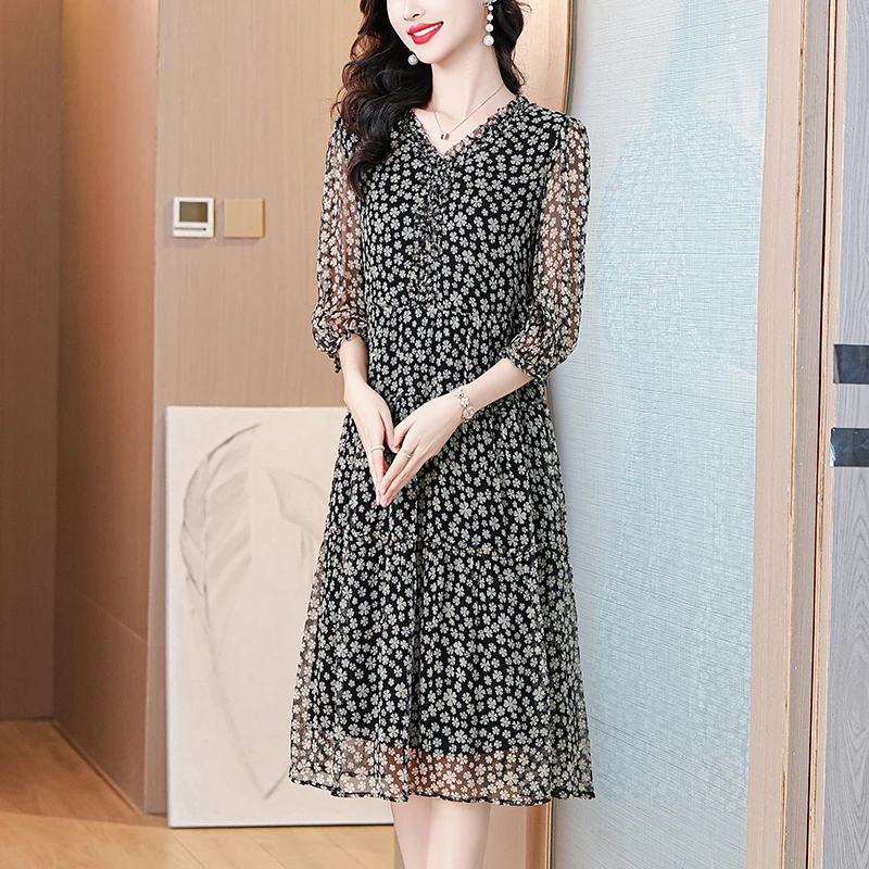 ฤดูใบไม้ผลิฤดูร้อนดอกไม้ชีฟอง Casual Beach Midi ชุดผู้หญิงเกาหลีแฟชั่น Elegant Prom 2025 Chic Luxury Party ชุดราตรี