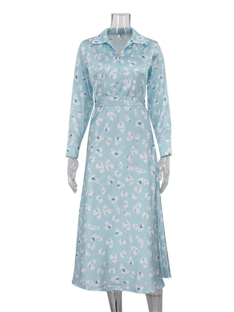 Abito lungo elegante stampato in raso Tossy per donna Abito aderente femminile con fasciatura a maniche lunghe a vita alta a contrasto