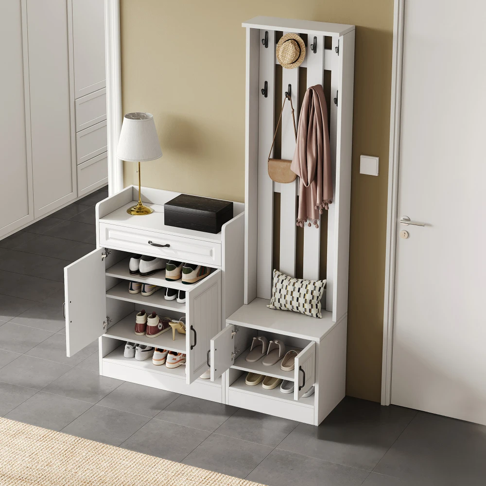 PINGGO Garderobenset, Wandschrank mit Schuhregal, 8 Haken, 4 Türen, 1 Schublade, weiße Flurmöbel, 125 x 36 x 190 cm – Detail 12
