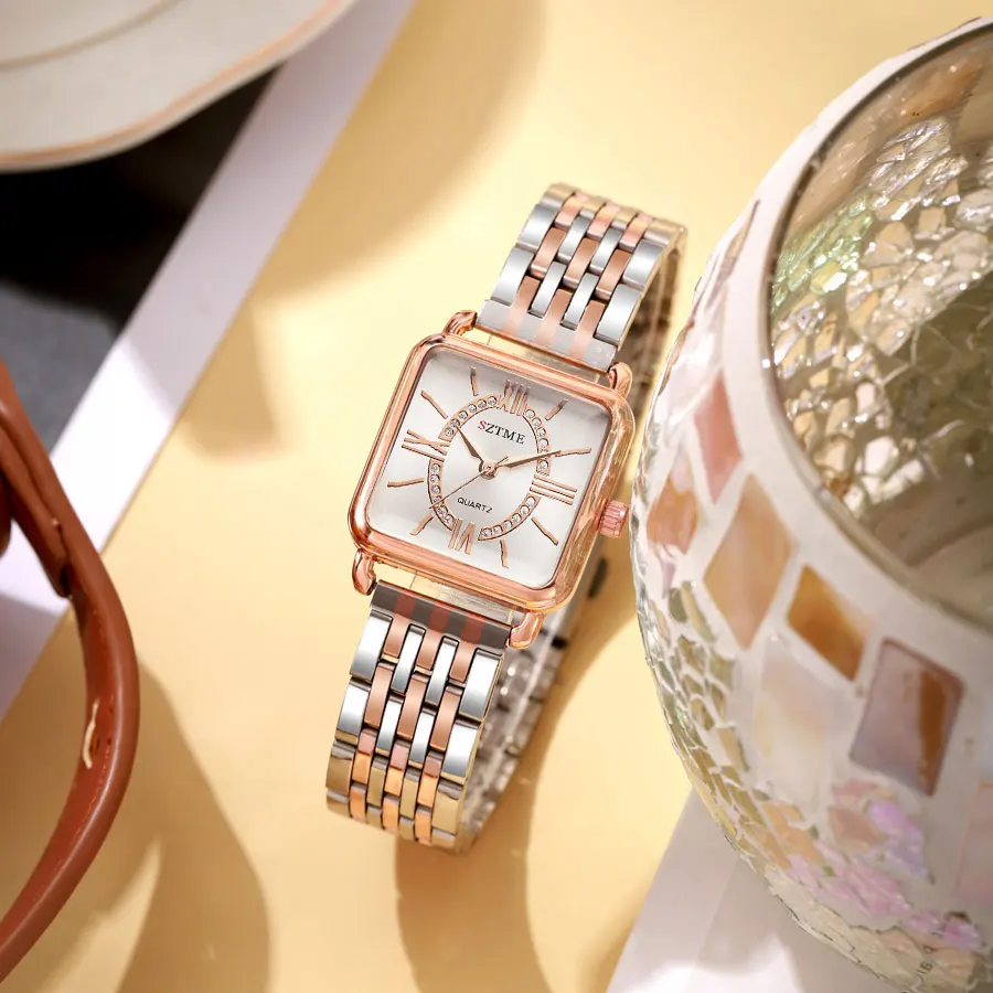 SZTME-ساعة نسائية مربعة بقرص روماني ، فولاذ مقاوم للصدأ ، علامة تجارية فاخرة ، عصرية ، عصرية ، ذهبية وردية #5