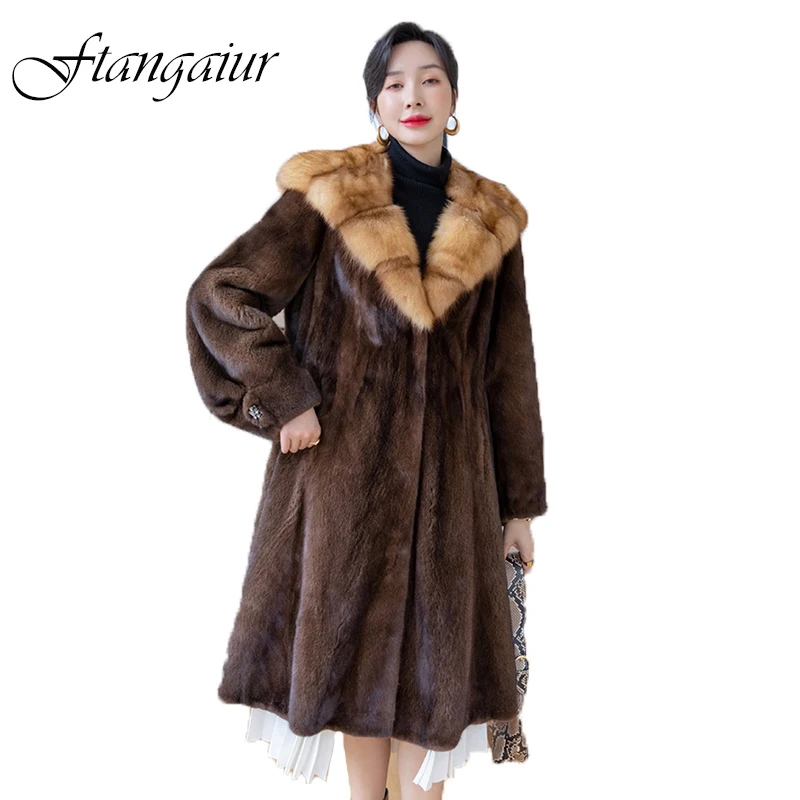 Ftangaiur Winter Import Purple Standard Velvet Mink Fur Coat Women With Sable Hood Full Sleeve Loose Natural Real Mink Coats