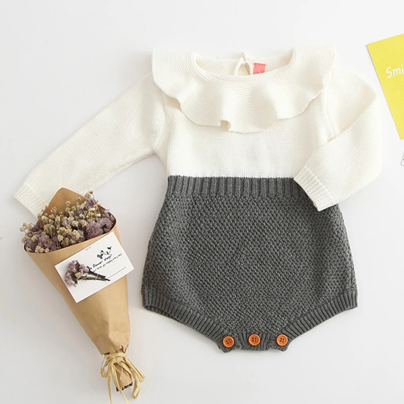 Neugeborenen 2025, Kinder Strampler Baby Mädchen Langarm Stricken Strampler Mädchen Patchwork Overall Kleidung Frühling Herbst Outfit