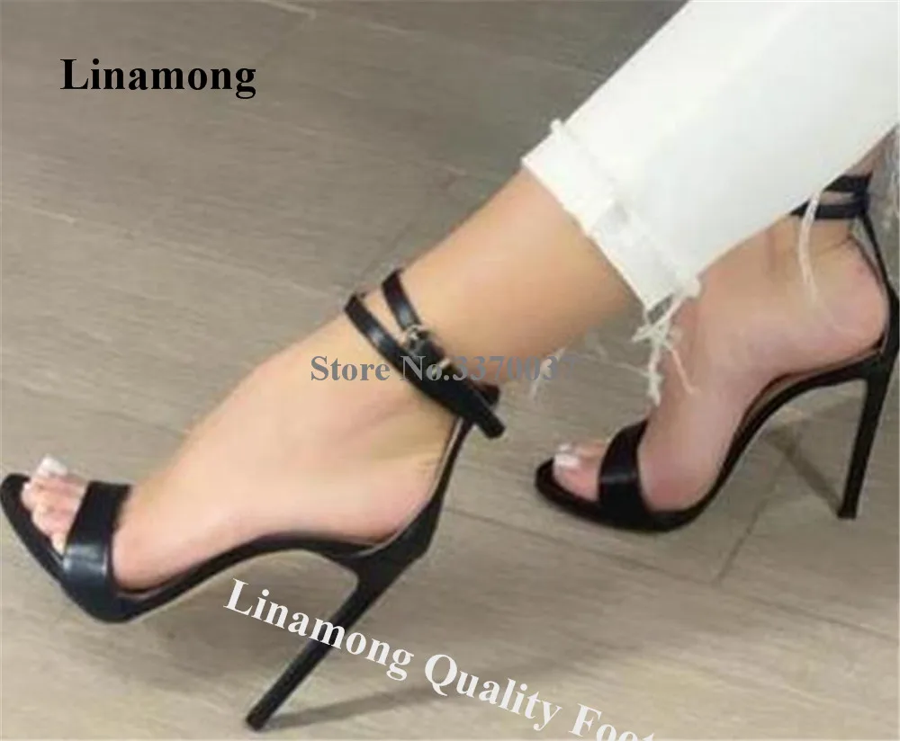 Linamong Classical Style Thin Heel Sandals Open Toe Black White Matte Leather Ankle Straps Stiletto Heel Dress Shoes Big Size