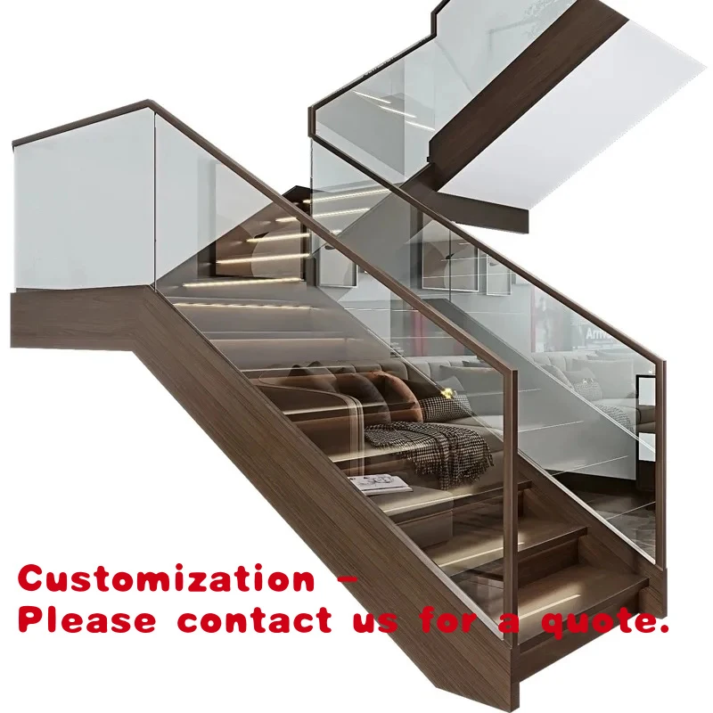 

custom.Modern Durable Indoor Wooden Stairs with Double Beam Stringer U-Type Design and LED Lights