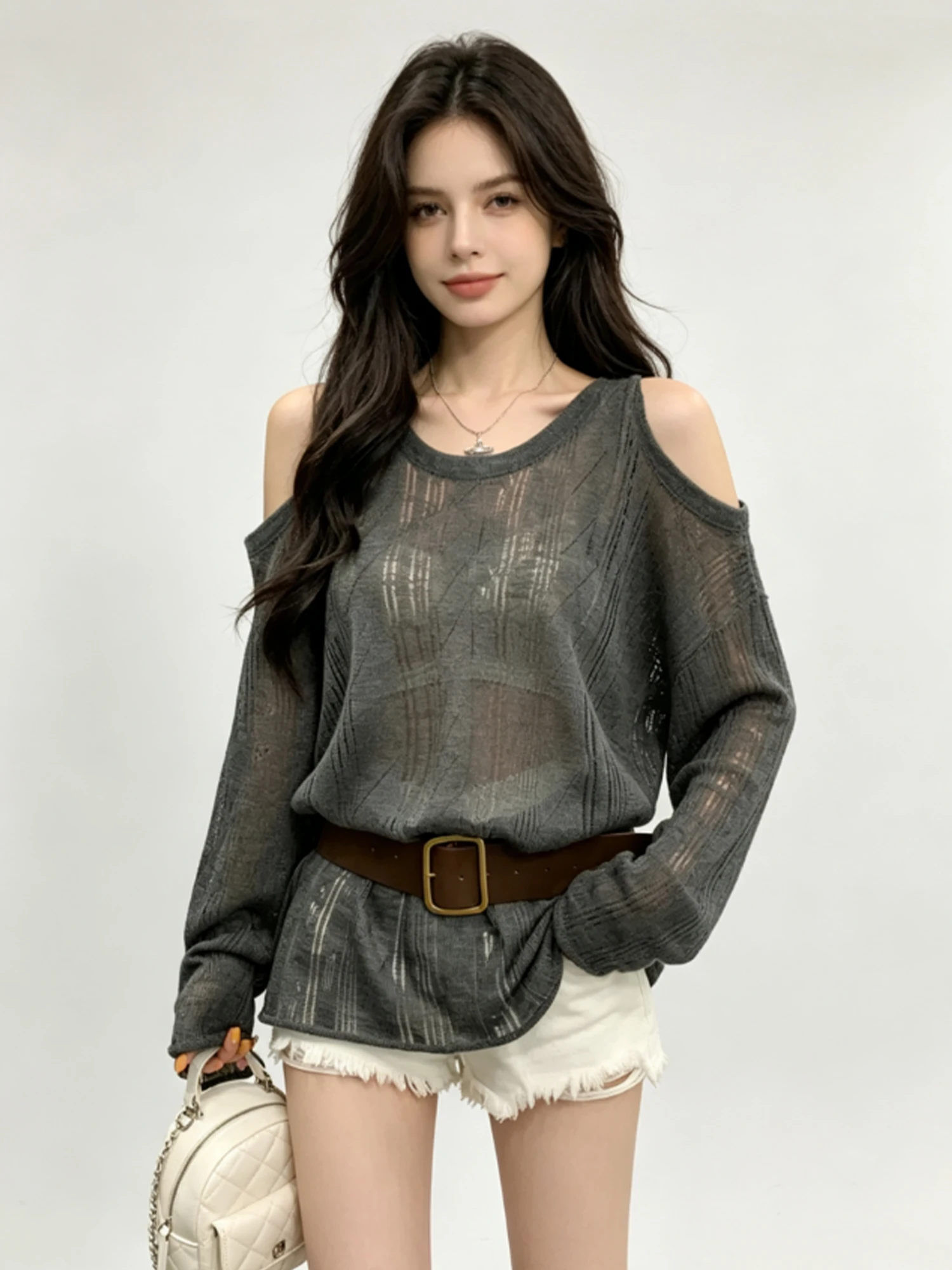 Women's Dark Grey Off Shoulder Long Sleeve Knit T-shirt  Y2K Gyaru Tee Top Korean Style Loose Thin Top for Women Spring Autumn