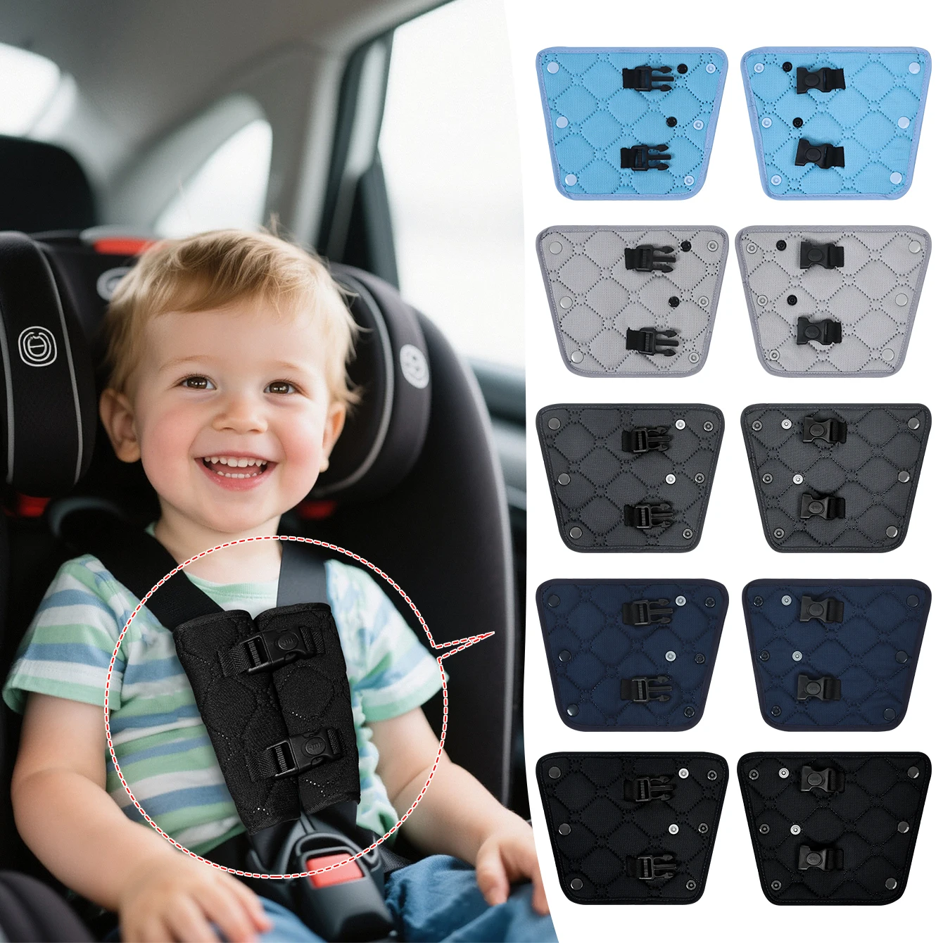 

Shoulder pads for child safety seat straps; a harness clip that prevents the shoulder from slipping out of the seatbelt.