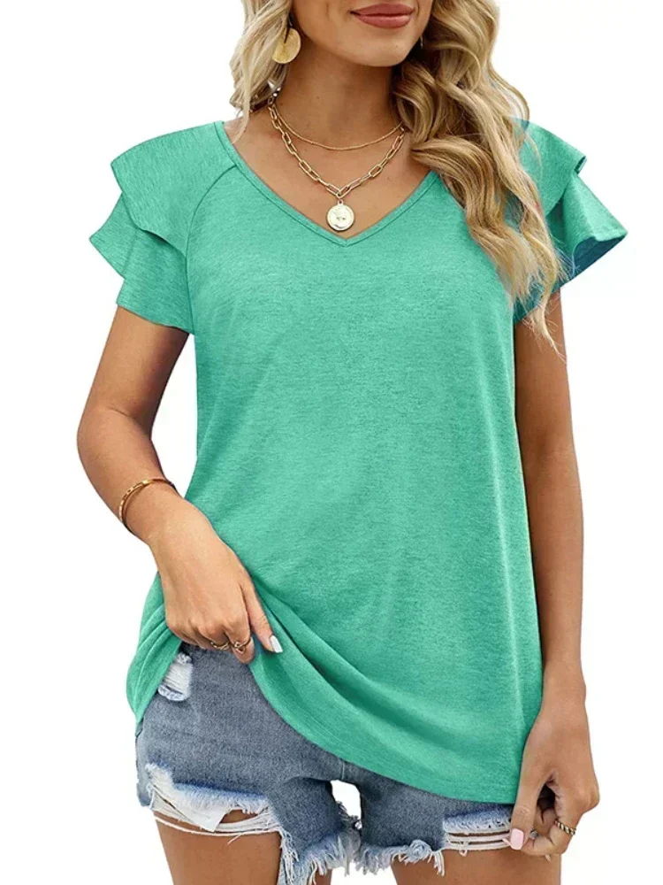 Camisetas de manga corta con cuello en V y volantes para mujer, tops sueltos informales para el verano