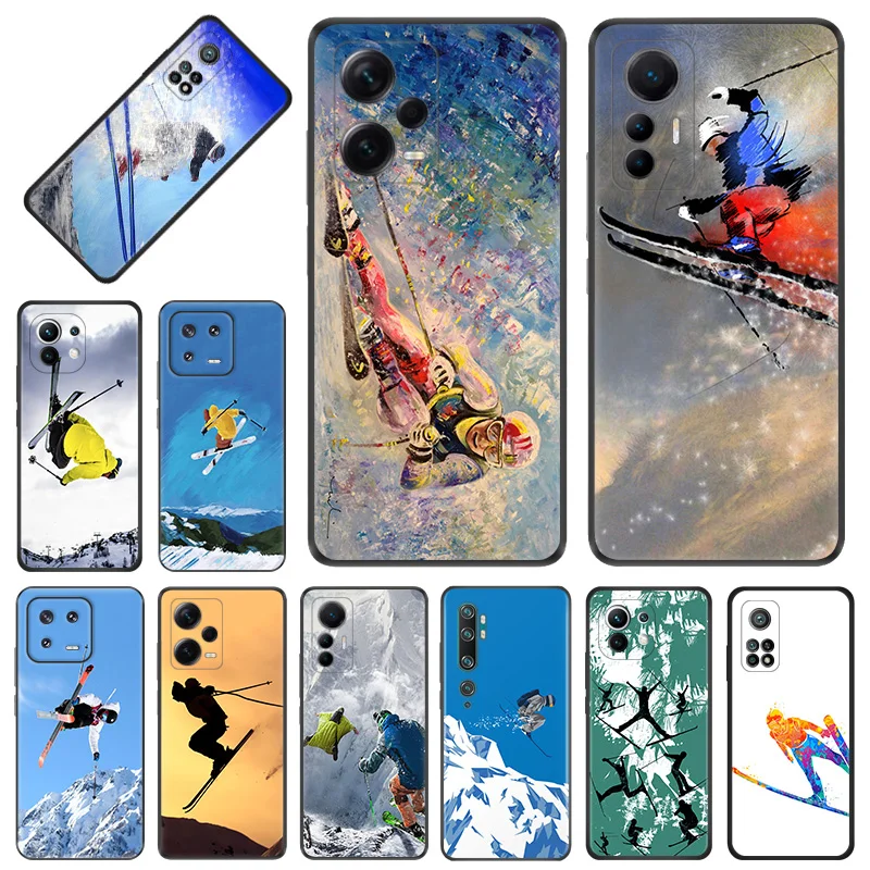 Phone Case for Xiaomi 13 12 12x 12t Redmi Note13 Note12 13c 12c 12s Cool Ice Snow Ski Jump Cartoon Soft Black Anti-Drop Cover