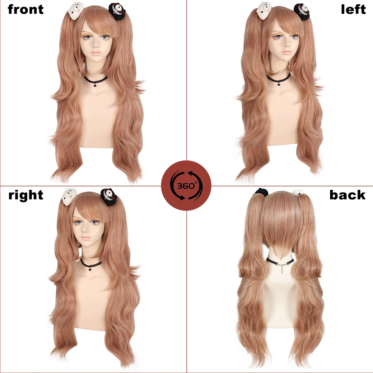 Parrucca Cosplay ANOGOL sintetica Junko Enoshima parrucca Anime Dangan Ronpa lunga rosa Lolita con due code di cavallo forcine per capelli orso bianco nero