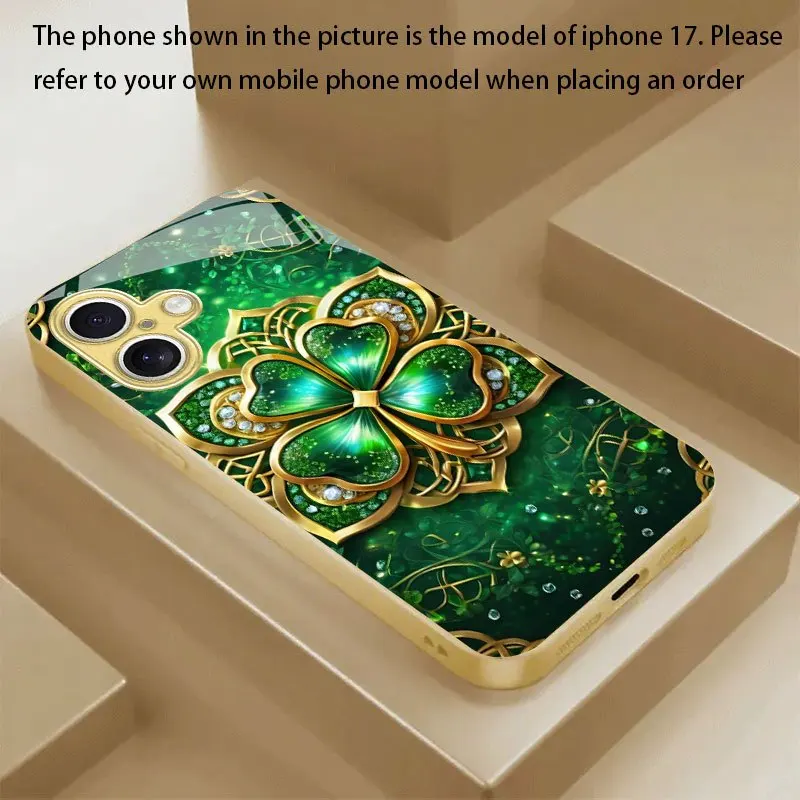 

Four leaf clover gold plated glass phone case suitable for iPhone 17 16 15 14 13 12 11 Pro/Max/Plus anti drop and shockproof