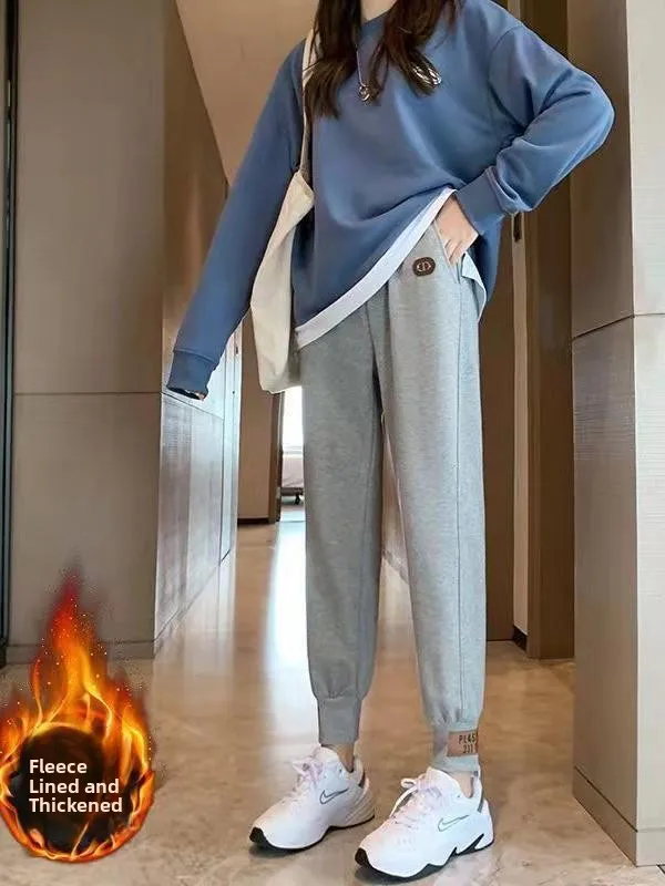 Women's Sporty Fleece Lined Harlan Pants Casual Loose plus Size Slimming Warmth Leisure Trousers Trendy Cuffed Sweatpants