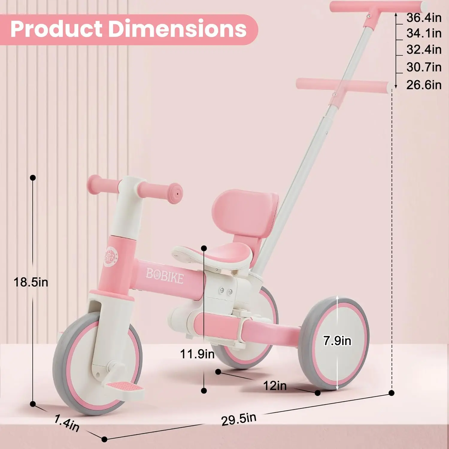 5-in-1 Tricycle for Toddlers 18 Months to 5 Years Old, Toddler Bike, Kids Tricycle with Push Handle and Backrest, Toddler Balanc