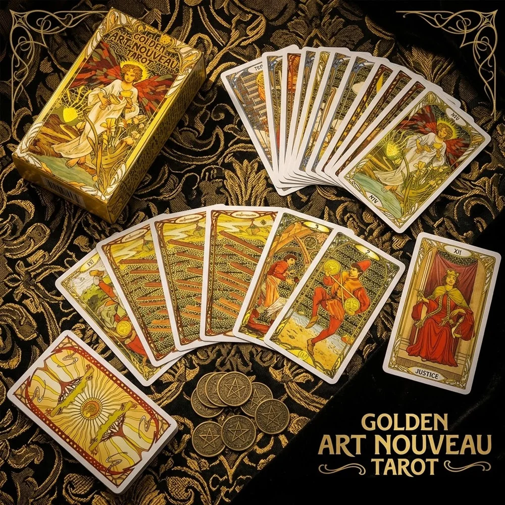 

78-Card Golden Art Nouveau Tarot Deck (10.5 x 6.3 cm), Mystical Destiny Prediction, Suitable for Beginners and Board Games