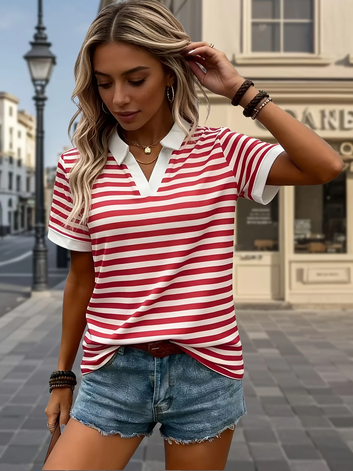 New Fashion Color Block Lapel Polo Tee Women Short Sleeve V Neck Loose T-shirt Elegant Daily Outfit Casual Office Shirts image 6