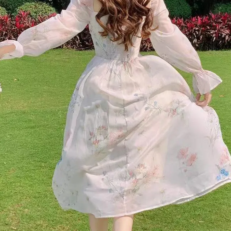 Chiffon Dresses for Women Long Sleeve Thin Summer Clothing Elegant New Beauty First Love Cute Girls Korean Style Square Collar