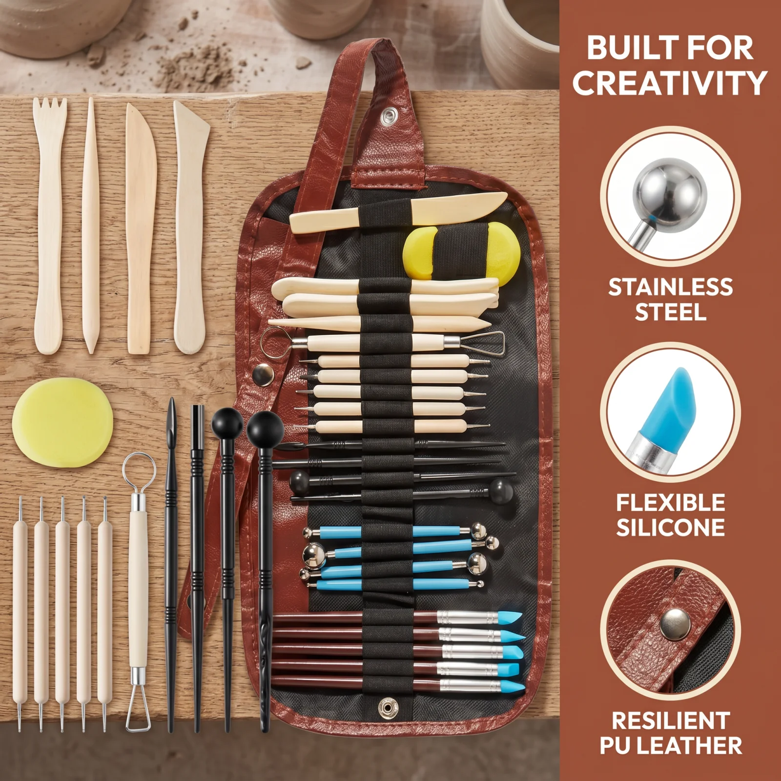 Multifunctional Pottery Clay Carving Tool Set with Roll-Up Bag, Double-Ended Sculpting Kit for Clay Shaping, Nail Art