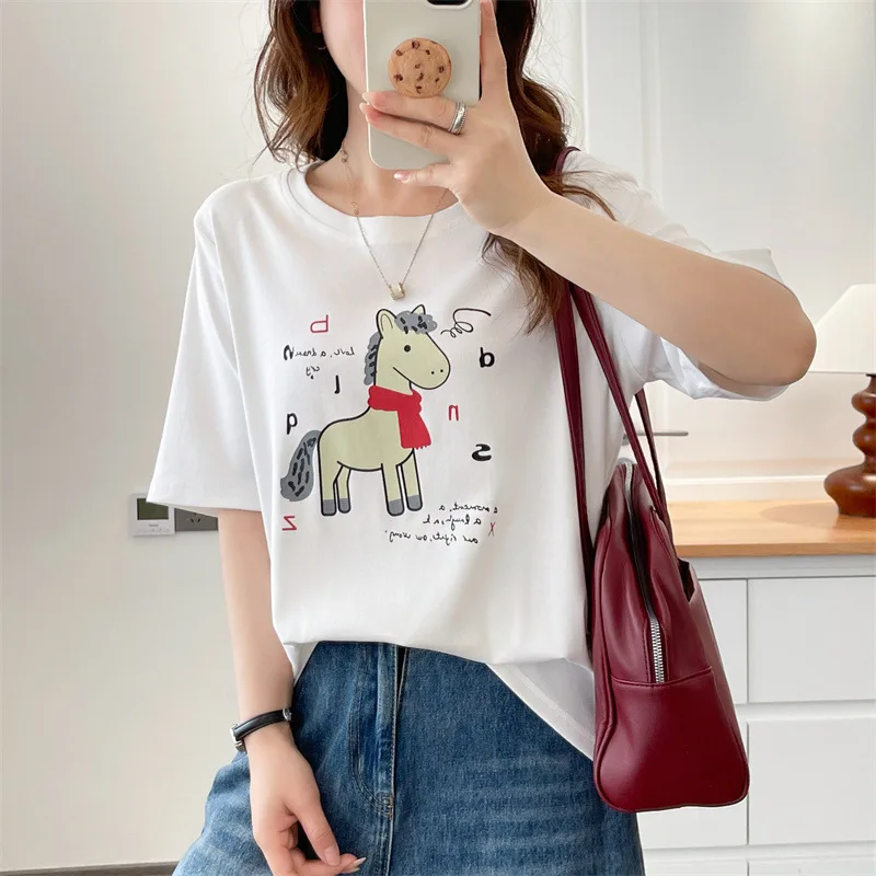 

Летняя женская футболка больших размеров 2026 с коротким рукавом, мультяшным принтом и надписями, повседневная, с круглым вырезом, свободного кроя, для пышных дам, модель 3006