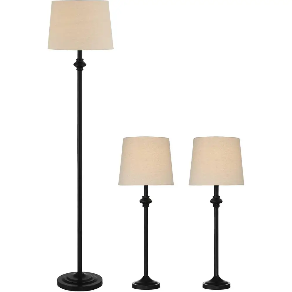 

360 Lighting Carter Traditional 3 Piece Table loor Lamp Set Black Metal Cream abric Tapered Drum Shade Decor or Living Room Bedr