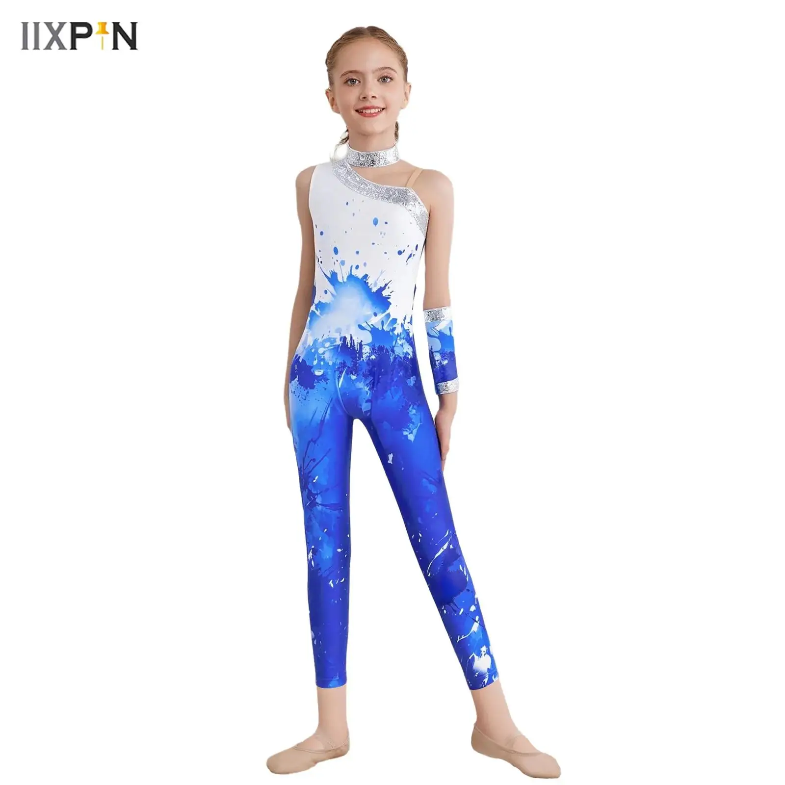 بدلة جمباز مطبوعة بالترتر للأطفال البنات بدون أكمام غير متماثلة بطول كامل قفاز يوتار للتزلج على الجليد