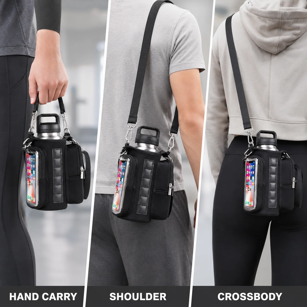 Multifunctional Magnetic Water Bottle Holder With Touchscreen Phone Pocket Shoulder Strap For Gym Workout Fitness Sports Gift