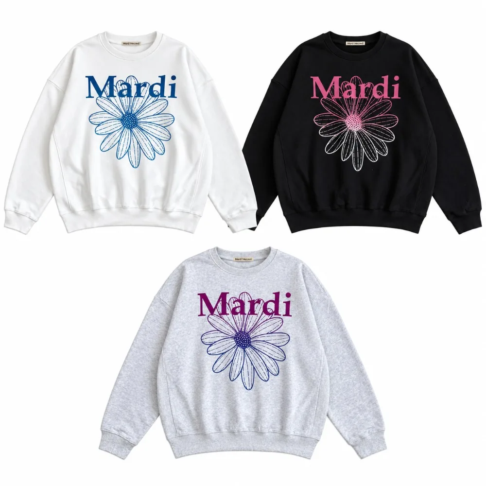 MARDI MERCREDI Sweatshirts Women Floral Daisy Graphic Print Crewneck Cotton Pullover Relaxed Fit Korean Casual Streetwear Top