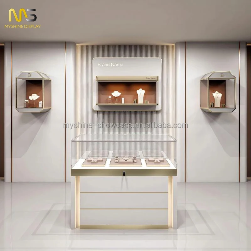 custom.Myshine Custom Modern Style Jewelry Showcase Display Luxury Tempered Glass LED Light Showroom Retail Mall
