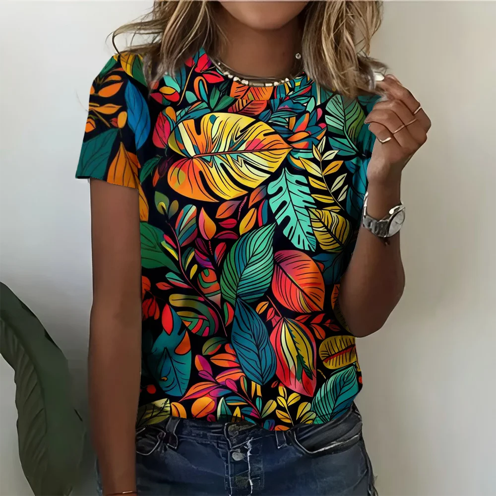 

Abstract Illustration Vibrant Tropical Leaf Print Black Women's T-shirt - Fashionable And Casual Summer Short Sleeve