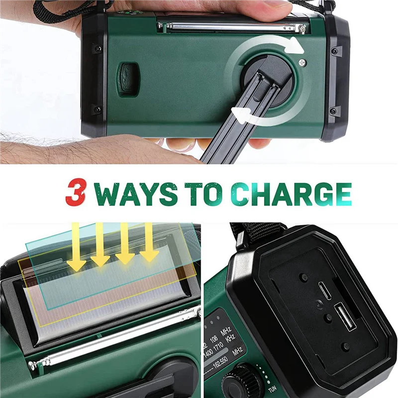 【NOVO】2X rádio de manivela de emergência de energia solar AM FM NOAA rádio meteorológico, SOS, tocha LED de 3 modos, lâmpada de leitura