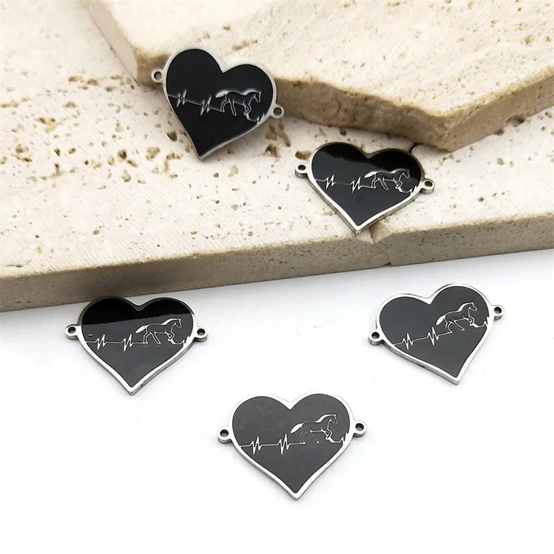 5PCS Heartbeat Horse Charm Connector Stainless Steel Pendant DIY Necklace Bracelet Handmade Jewelry Making Supplies