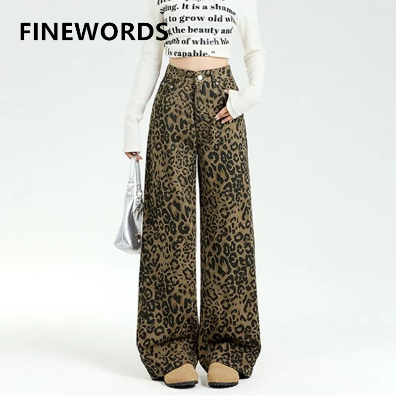 

FINEWORDS Джинсы с леопардовым принтом и высокой талией, женские уличные джинсы Easymatch, широкие джинсы, винтажные корейские свободные джинсы полной длины