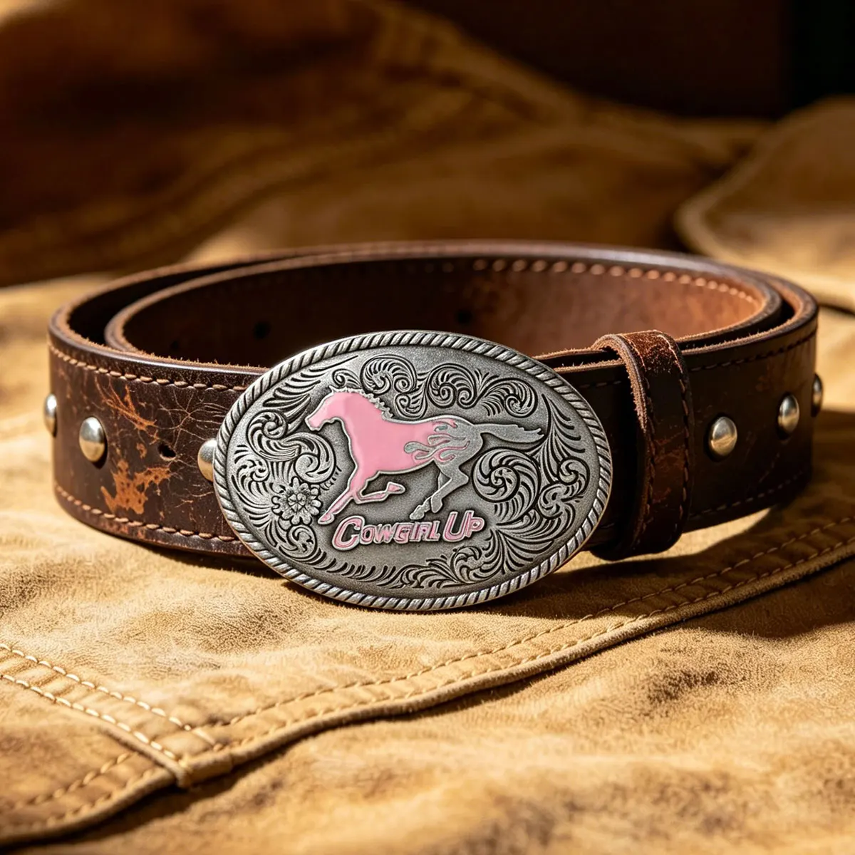 Retro Western Cowboy Pink Running Horse Belt Buckle for Women Fashionable Leather Accessory Oval Shape Classic Western Trend