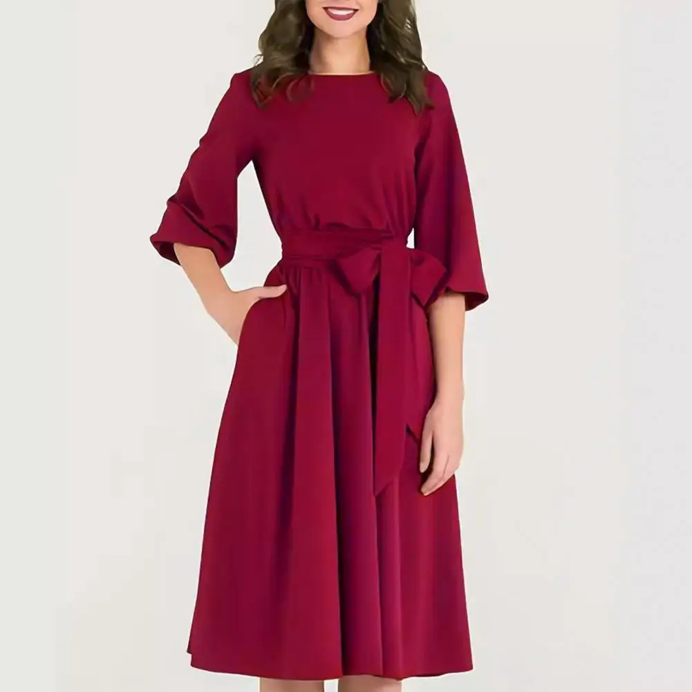 

Waist Tie Design Dress Elegant Lantern Sleeves Midi Dress for Women Solid Color A-line Dress with Lace-up Waist Round for Office