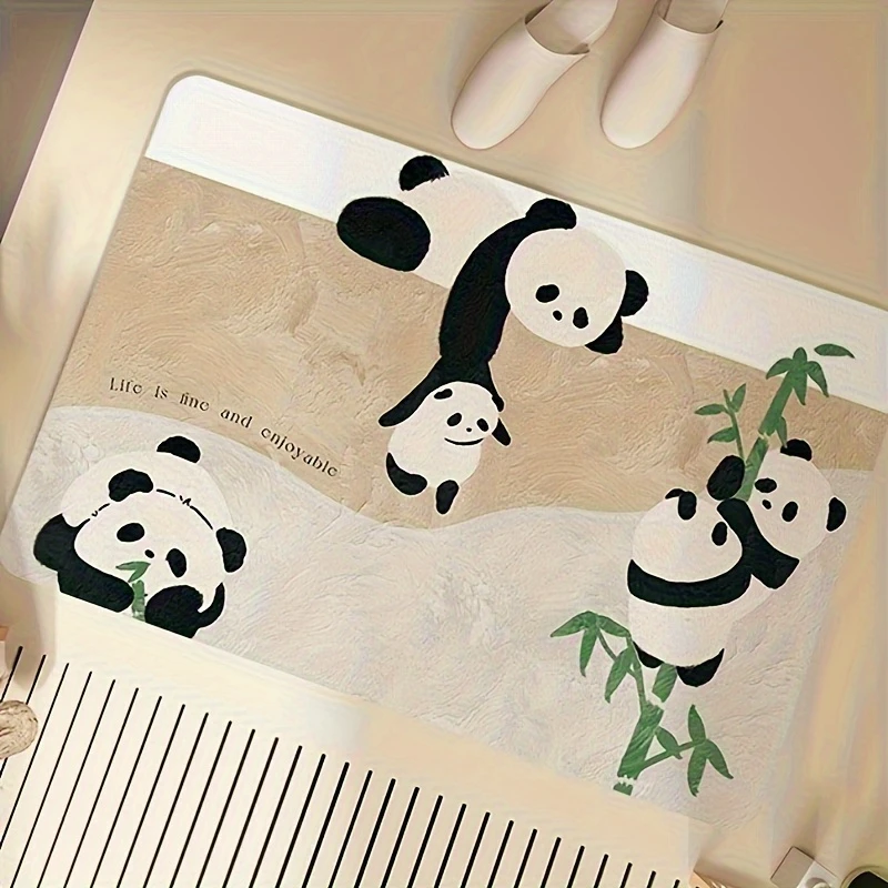 1pc Panda & Bamboo Bathroom Non-slip Mat Diatom Mud Absorbent Doorway Carpet Decorative Entrance Rug Accessories Home Room Decor