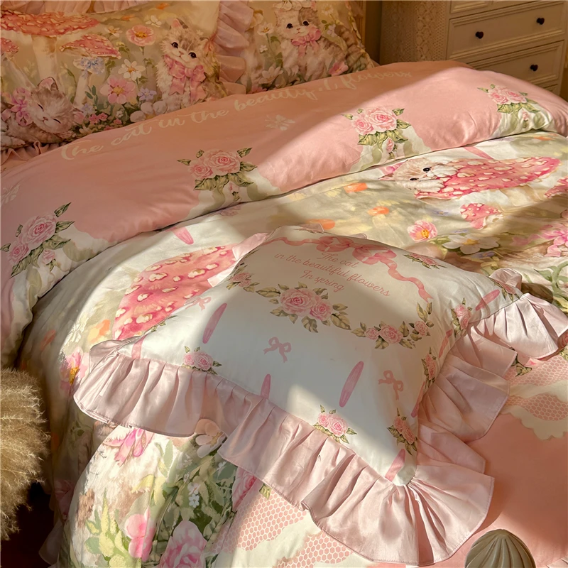 Square Pillow with Core Pink Rose Bowknot Sofa Cushion Girl\'s Lace Cushion Cotton Decorative Pillow for Bedroom and Living Room