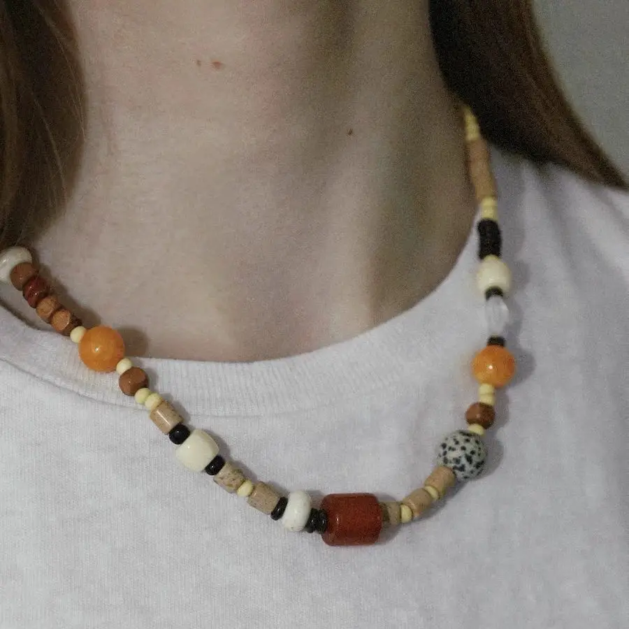 

Landing On The Cute Island Of Waiki, Designer's Natural Jade, Wooden Beads, Asymmetrical Color Bead, Minimalist Necklace