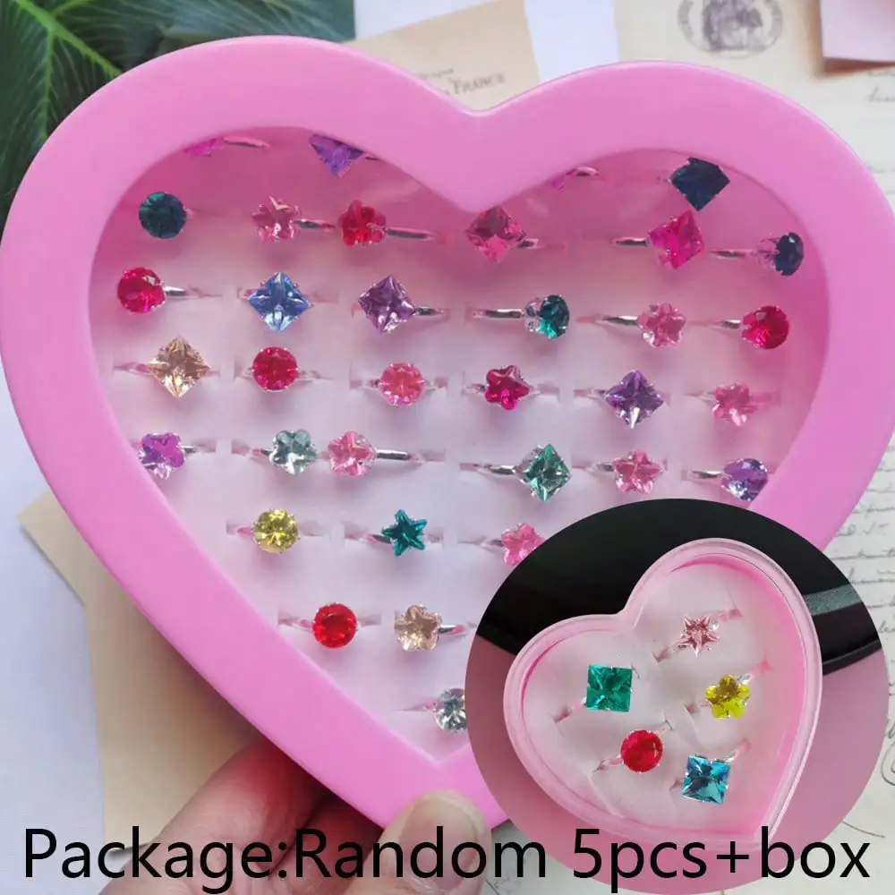 5pcs Zircon Rings For Girls Kids Child Jewelry Adjustable Little Crystal ring Gift Resin ring With box��A box of five rings�� ?