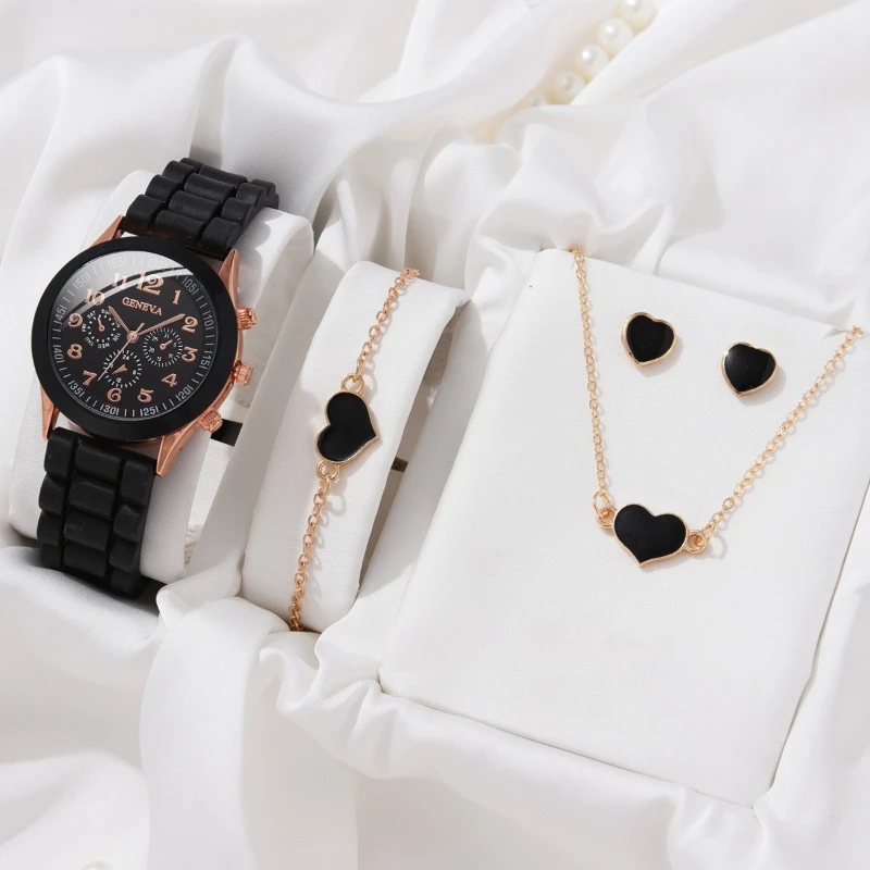 4-Piece Quartz Watch and Heart-Shaped Bracelet Set - Accurate Timekeeping, Casual Fashion Style, Perfect Valentines Gifts