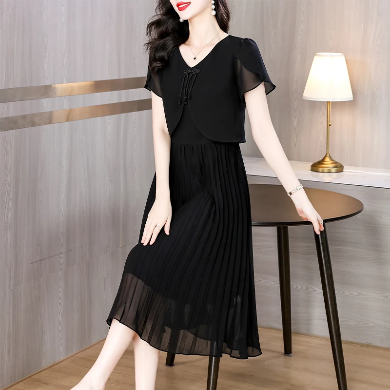 2025 Summer Solid Chiffon Casual Midi Pleated Dress Korean Vintage Hepburn Dress Women Short Sleeve Elegant Bodycon Vestidos