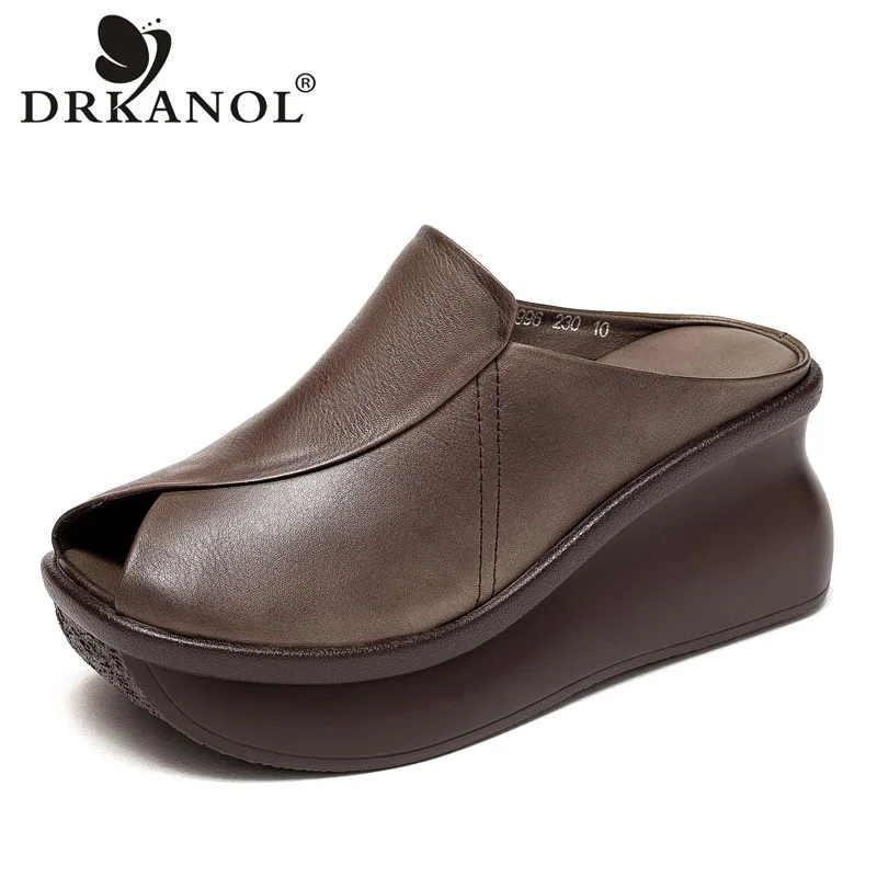 DRKANOL Women Slippers 2024 Summer Peep Toe Genuine Leather Wedges Platform Height Increasing Slipper Women Casual Modern Slides