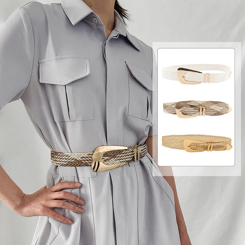 

Vintage Bohemian Triangle Buckle Elastic Braided Belt Women Summer Wild Linen Weave Fake Straw Waist Belt Dress Shirt Decoration