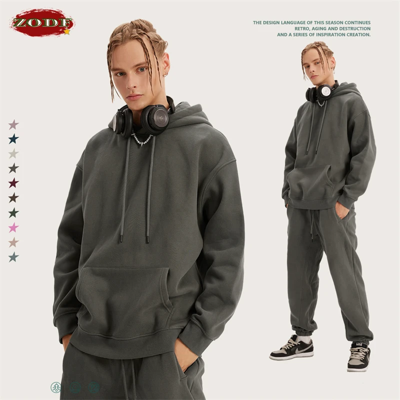 ZODF-Sudadera con capucha para hombre y mujer, suéter básico de lana gruesa de 345gsm, informal, holgado, estilo Hip Hop, Unisex, chándal HY0010,