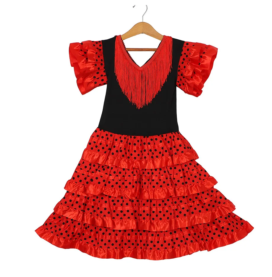 

Traditional Spanish Dance Dress For Girls Festival Tassel Dot Dress Four Color Classic Flamengo Gypsy Style Children Skirt